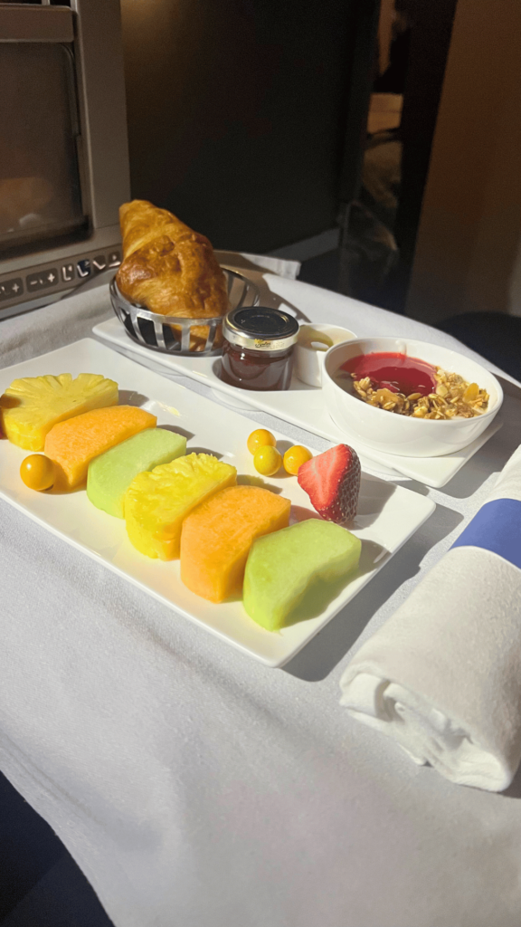 Breakfast Fruit Platter on British Airways A380 | Journey Beyond 40 a vibrant fruit platter served for breakfast on british airways a380, featuring a variety of fresh fruits.